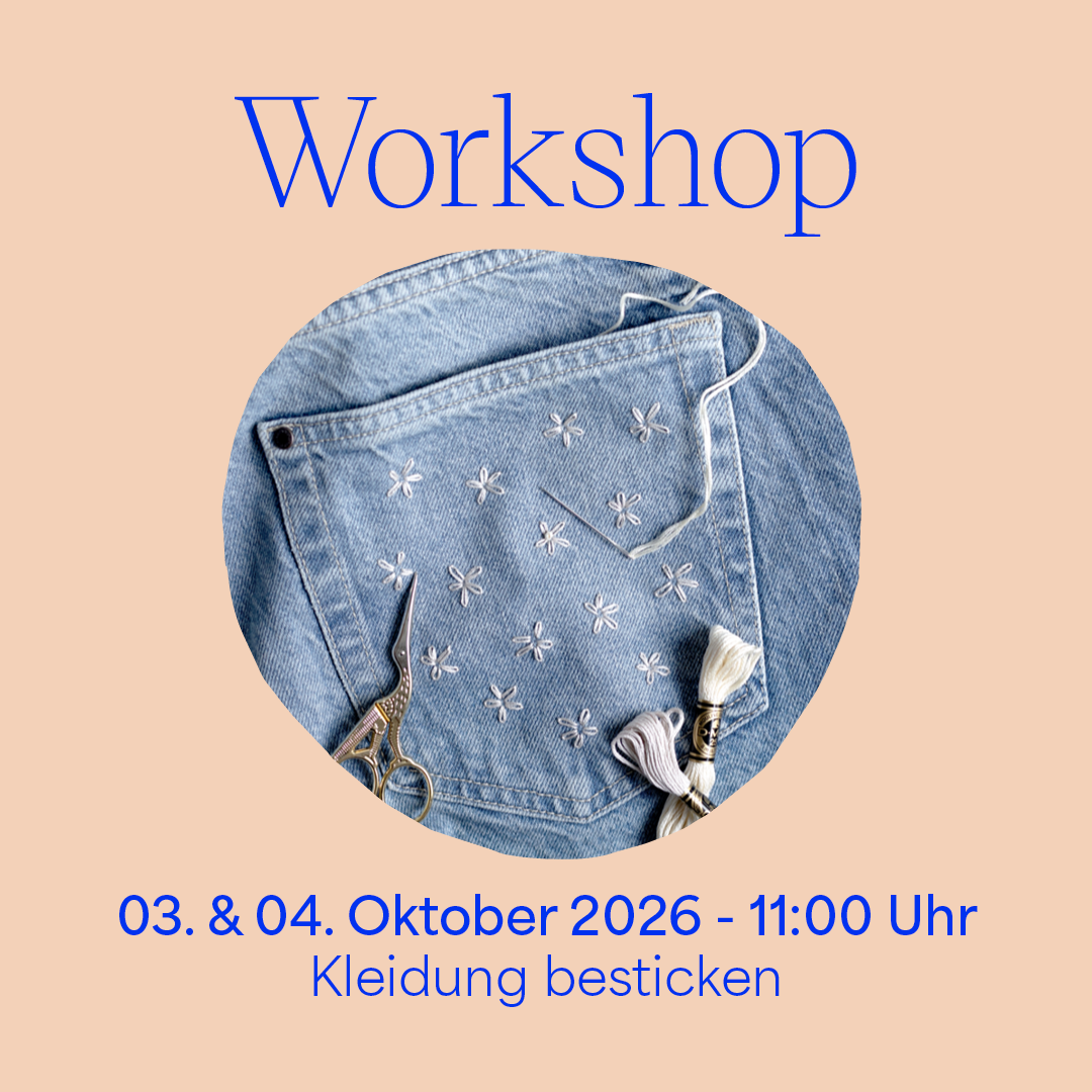 Workshop-Ankündigung Kleidung besticken am 03. und 04. Oktober 2026 beim Textilliebe Festival mit bestickter Jeanstasche